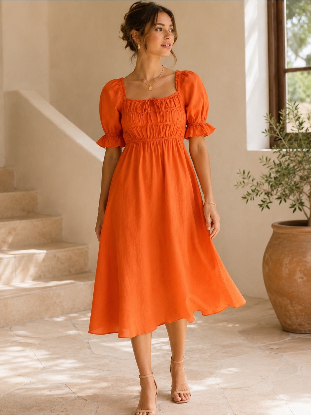 Playa Lucila XXL Orange 100% Cotton Smocked Midi Dress Puff Sleeve